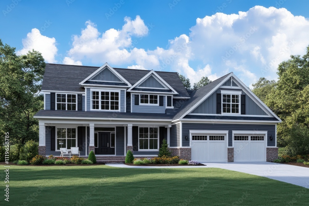 Suburban home exterior craftsman style architecture gray siding white trim black shutters Suburban home exterior craftsman style architecture gray siding white trim black shutters