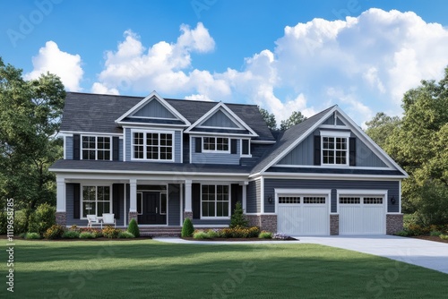 Suburban home exterior craftsman style architecture gray siding white trim black shutters