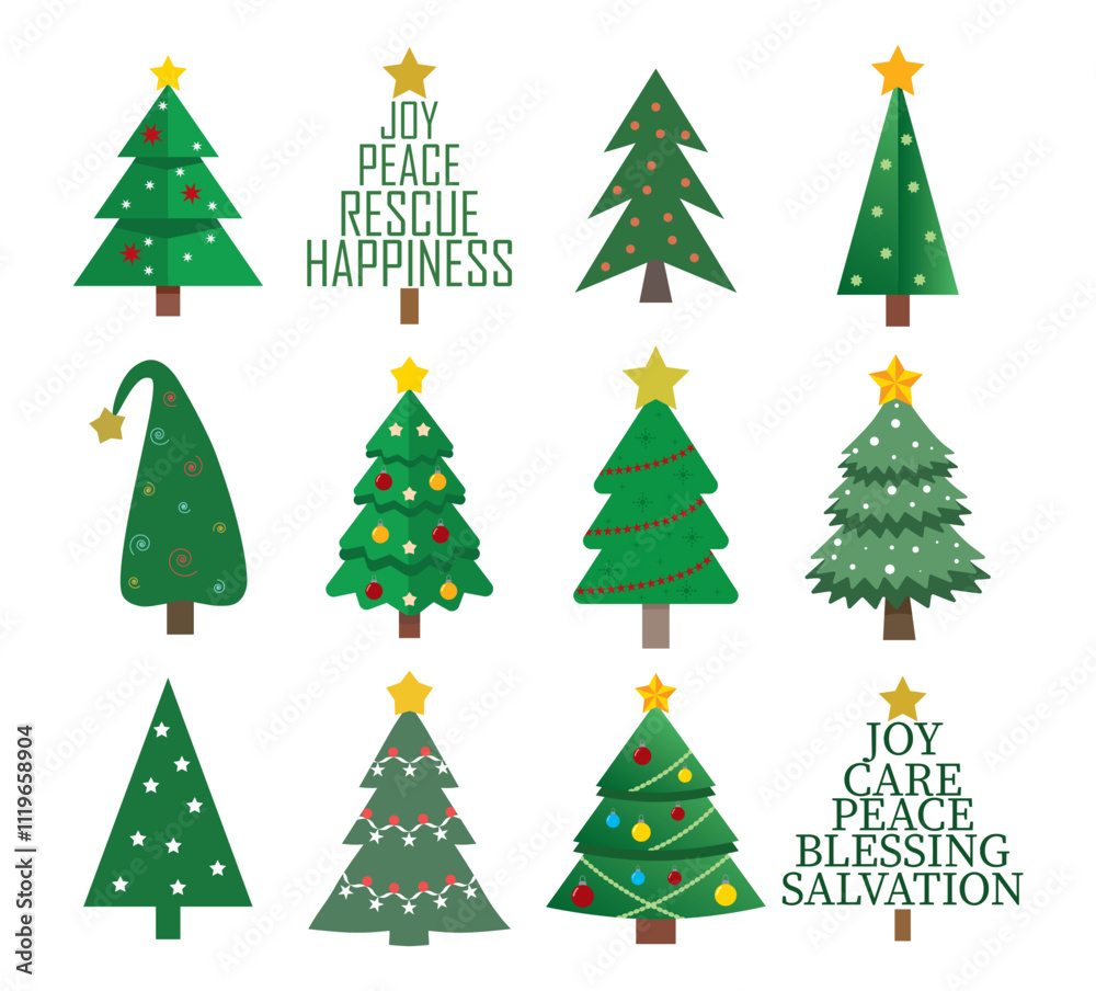 A set of nine stylized Christmas trees with simple geometric shapes and decorative elements. Each tree has various decorations, perfect for holiday design. Vector illustration A set of nine stylized Christmas trees with simple geometric shapes and decorative elements. Each tree has various decorations, perfect for holiday design. Vector illustration