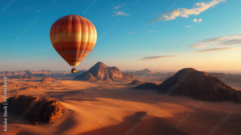 Fototapeta premium Hot air balloon adventure in desert landscape at sunset viewpoint