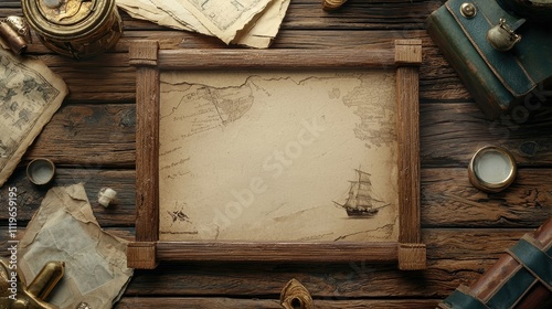 Antique map framed on rustic wood with nautical items.