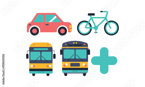 A collection of four distinct icons: a red car, blue bicycle, two yellow school buses, and a blue plus sign, arranged in a playful and simple design.