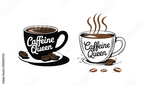 Three 'Caffeine Queen' Mugs: White & Brown with Coffee Beans and Steam