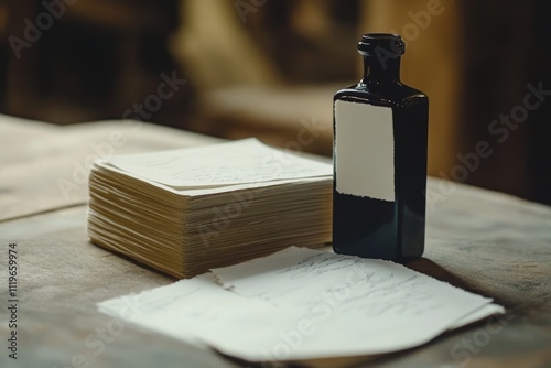 A vintage ink bottle sits beside handwritten letters on a rustic wooden table, evoking nostalgia and timeless communication.