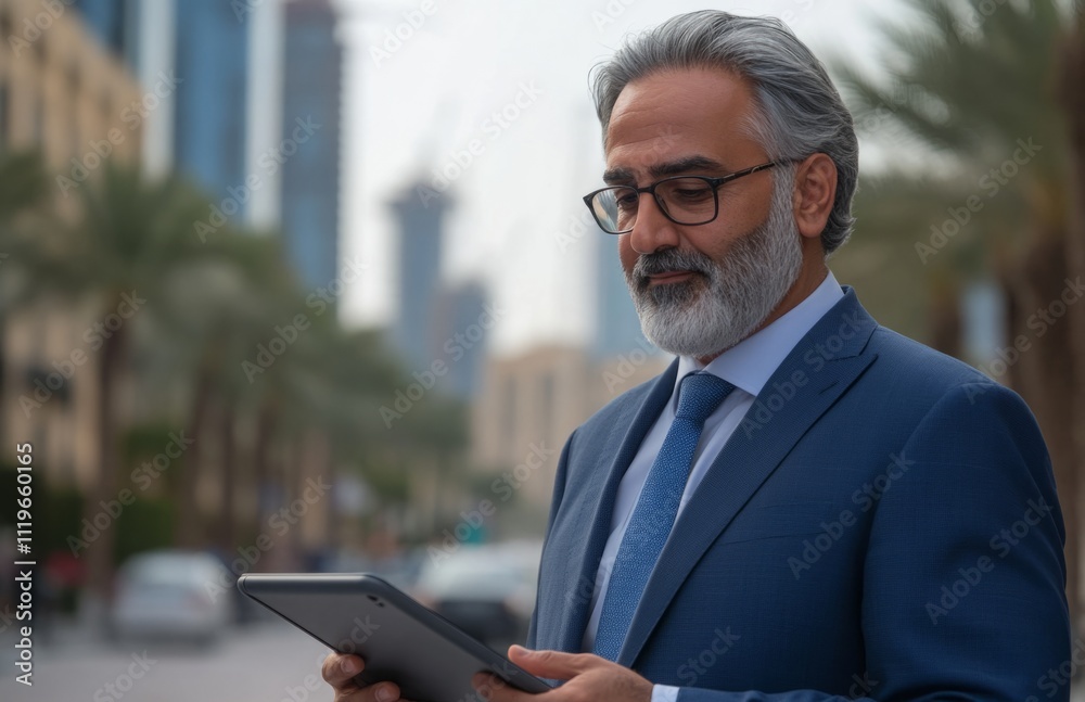 Businessman with tablet in front of modern office building in the city Businessman with tablet in front of modern office building in the city