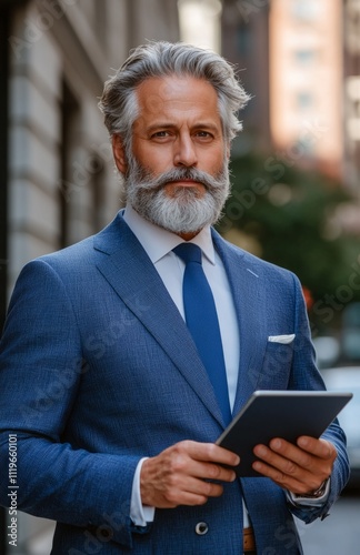 Businessman with tablet in front of modern office building in the city