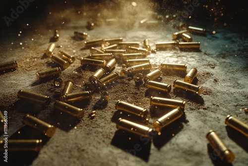 A scattered pile of brass bullet casings glimmers under dramatic lighting on a gritty surface, conveying themes of conflict and intensity. photo