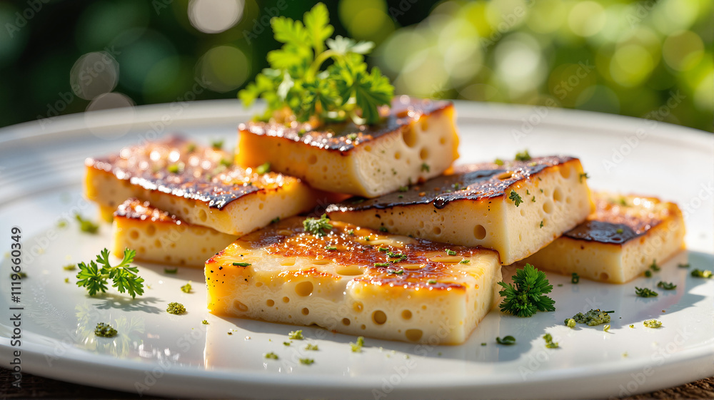 Grilled halloumi cheese on a white plate for a low-carb snack Grilled halloumi cheese on a white plate for a low-carb snack