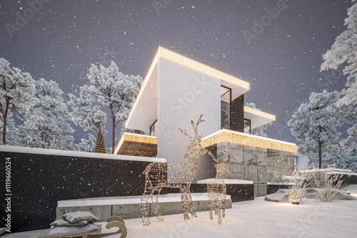 3d rendering of flat roof house with parking and pool for sale or rent with concrete facade and beautiful landscaping on background. Christmas garlands at New Year holidays