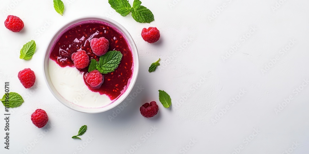 A bowl of yogurt topped with raspberry sauce and fresh raspberries, garnished with mint leaves. A bowl of yogurt topped with raspberry sauce and fresh raspberries, garnished with mint leaves.