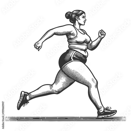 Overweight woman in activewear jogging energetically, showcasing strength and motion in a bold stylesketch engraving generative ai vector illustration. Scratch board imitation. Black and white image.