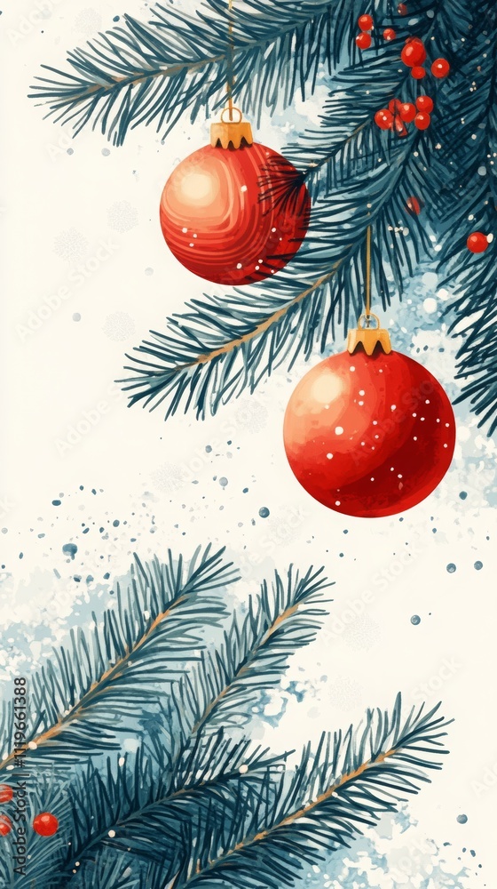 Evergreen Branches with Red Ornaments Decoration Evergreen Branches with Red Ornaments Decoration