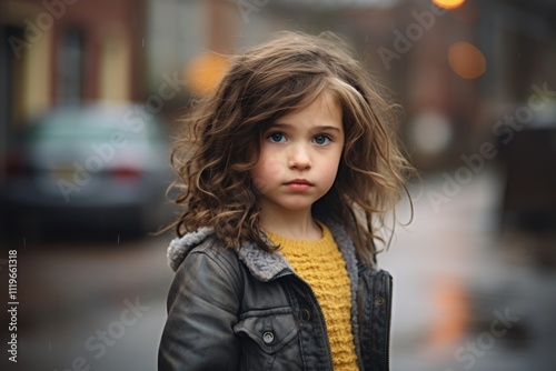 Portrait of a cute little girl with curly hair in the city