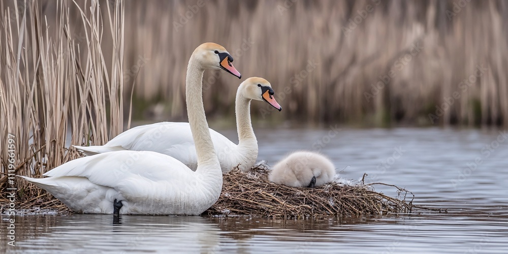 Fototapeta premium Swan on blue lake water in sunny day, swans on pond, nature series.