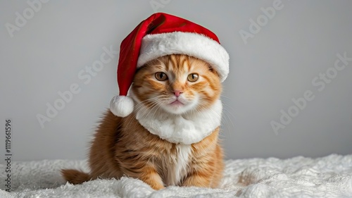Cute merry Christmas winter pet kitten ginger cat dressed up and wearing Santa Claus hat costume isolated white background for xmas, Chrismas or x-mas card. Happy animal wear clothes and laying down