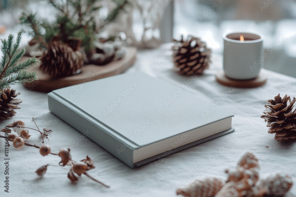 Fototapeta premium A serene winter setting with a candlelit table adorned with pinecones and greenery, inviting warmth and seasonal coziness.