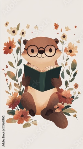 Cute otter wearing glasses reading a book surrounded by colorful flowers
