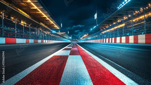 Asphalt race track with finish line illuminated at night in a vibrant stadium setting