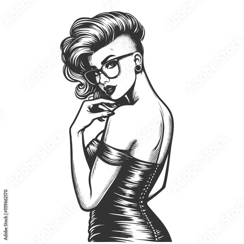 Stylish punk woman, mohawk and tattoos adjusting her glasses, alternative fashion sketch engraving generative ai fictional character vector illustration. Scratch board imitation. Black and white image