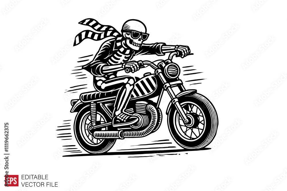 Obraz premium skeleton bikers riding motorcycle graphic flat illustration black and white design templates