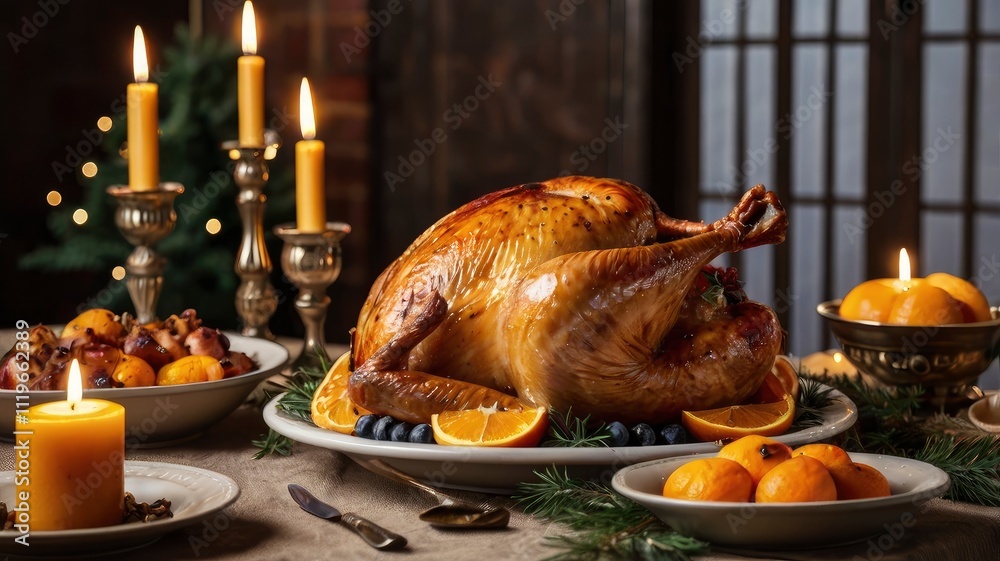 Delicious roasted turkey on festive table, closeup Delicious roasted turkey on festive table, closeup