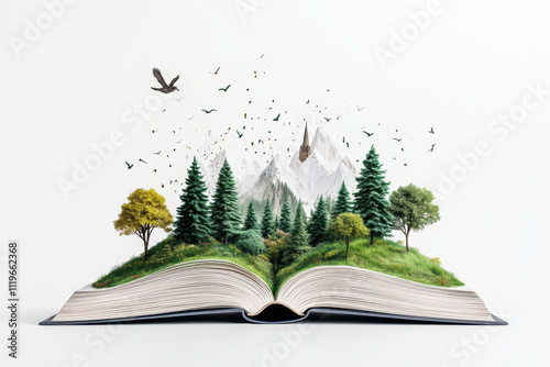 Open book, autumn nature inside. Imagination, fantasy, magic in literature concept. Season fairy tale, storybook, textbook. Lake, forest landscape picture. Leaves, cup of tea.