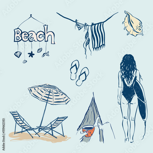 Vector linear doodle illustrations with hand painted beach accessories-umbrella, chaise, hammock, woman and surfboard isolated on blue background. For design, print, interior or background. Relax time