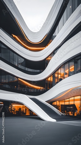 A modern building with a white, curved facade, glass windows, and black window frames