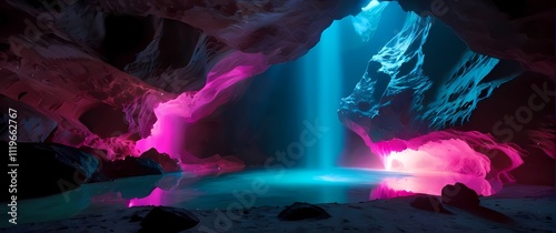 Wallpaper Mural A crystalline alien cave glowing bright cyan and pink from luminescent minerals with faint stars visible through openings Torontodigital.ca