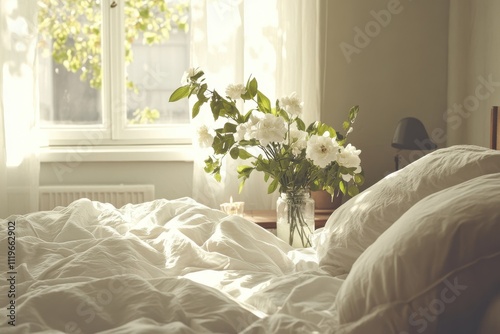 Cozy bedroom soft white bedding rumpled duvet fluffy pillows natural light window photo