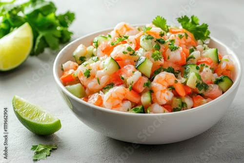 A fresh shrimp salad with cucumbers and herbs, garnished with lime.