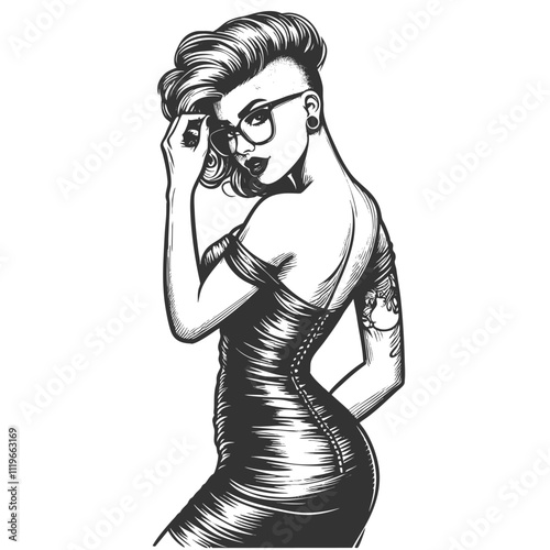 Stylish punk woman, mohawk and tattoos adjusting her glasses, alternative fashion sketch engraving generative ai fictional character vector illustration. Scratch board imitation. Black and white image