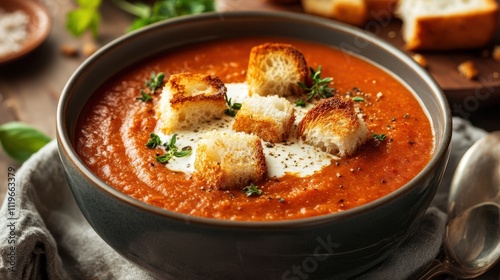 A bowl of creamy tomato soup topped with croutons and herbs, served for a comforting meal.