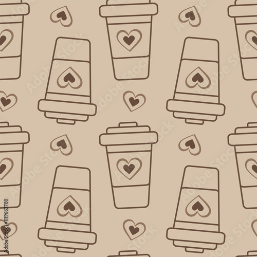 Disposable cups with hearts Outline Seamless Pattern in trendy monochrome soft brown Coffee Day fond