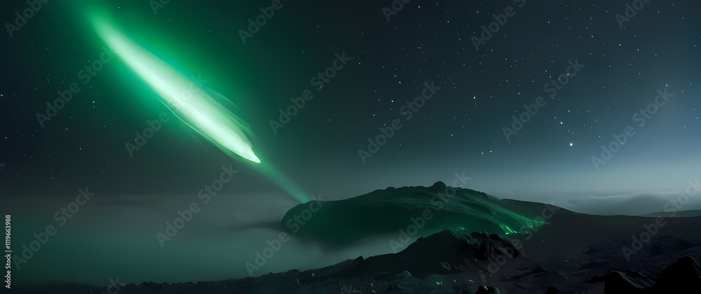 A comet passing close to an alien world its glowing green tail stretching across a star studded sky A comet passing close to an alien world its glowing green tail stretching across a star studded sky