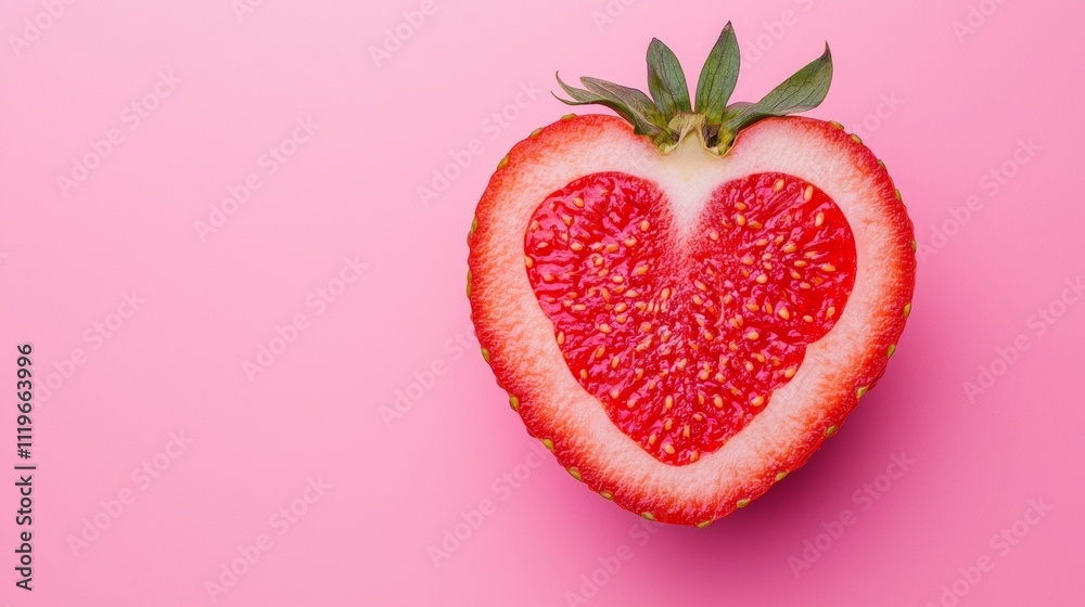Heart-shaped strawberry cross-section on a pink background Heart-shaped strawberry cross-section on a pink background