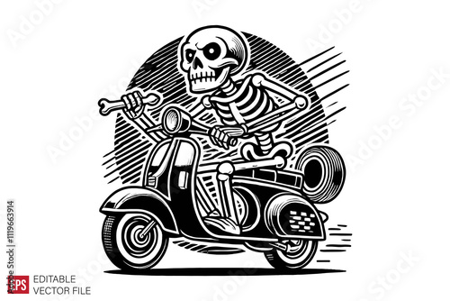 skeleton bikers riding motorcycle graphic flat illustration black and white design templates