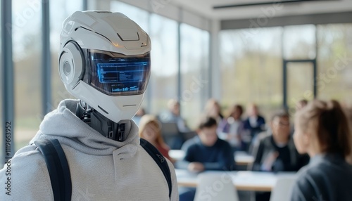 Humanoid Robot with Backpack Standing in a Busy Classroom Setting Embracing the Future of Learning