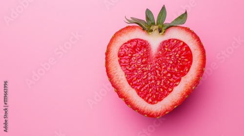 Heart-shaped strawberry cross-section on a pink background photo