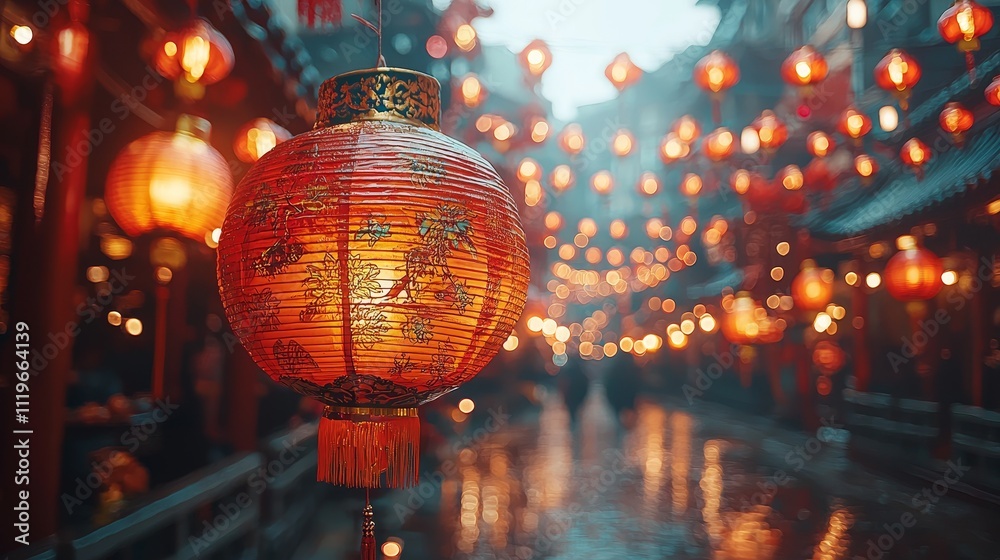 Vibrant street scene with illuminated lanterns during festive celebration Vibrant street scene with illuminated lanterns during festive celebration