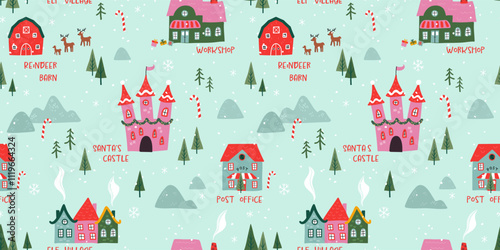 Hand drawn seamless pattern of the North Pole, showing the castle of Santa Claus, reindeer stables, elf village etc. - vintage Christmas vector design