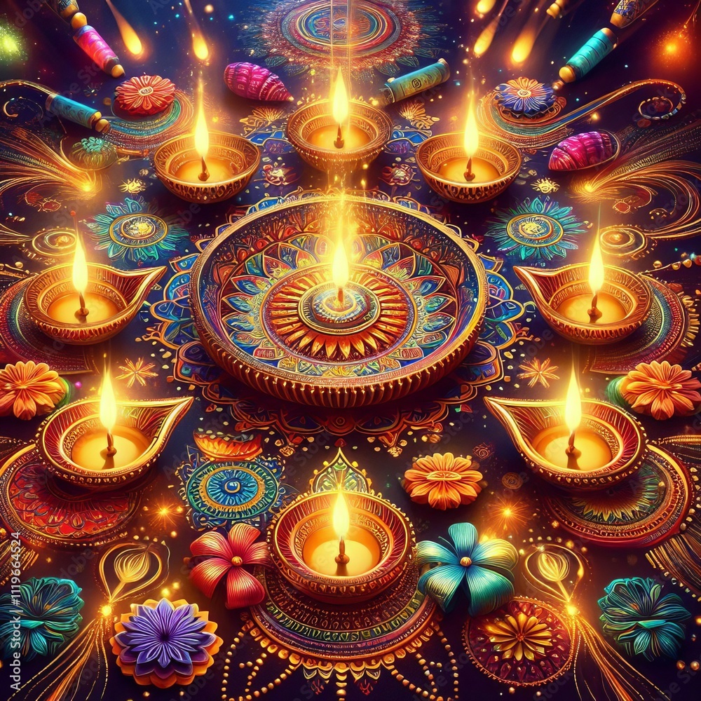 Diwali Dazzle Diyas rangoli and fireworks in vibrant Indian colo Diwali Dazzle Diyas rangoli and fireworks in vibrant Indian colo