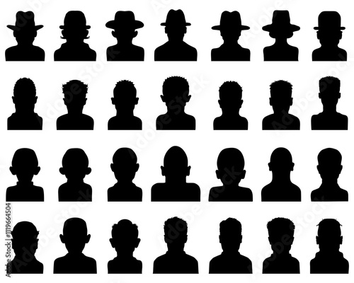 Black silhouettes of human heads, avatar profiles on a white background	