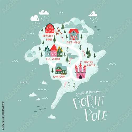 Hand drawn map of the North Pole, showing the castle of Santa Claus, reindeer stables, elf village etc. - vintage Christmas vector design