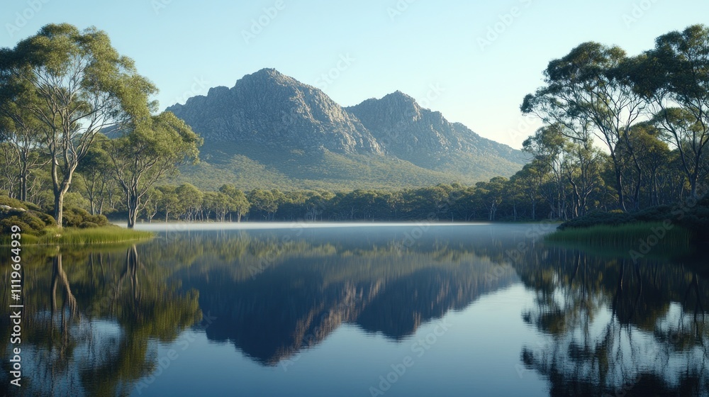 Serene mountain lake reflection at dawn. Serene mountain lake reflection at dawn.