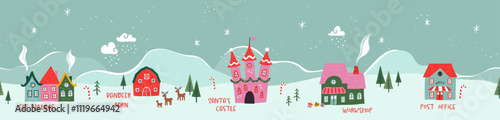Hand drawn seamless pattern of the North Pole, showing the castle of Santa Claus, reindeer stables, elf village etc. - vintage Christmas vector design