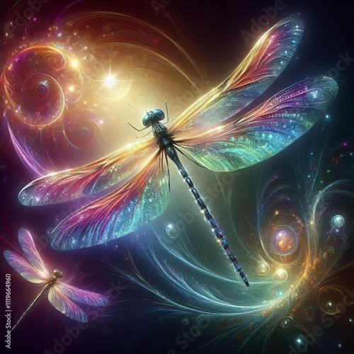 Dragonfly Dance Iridescent dragonflies flit about with shimmerin photo