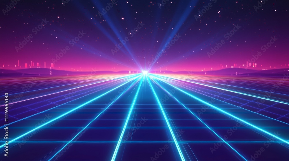 Neon blue light trails create a retro 80s perspective, forming a futuristic distorted plane landscape Neon blue light trails create a retro 80s perspective, forming a futuristic distorted plane landscape
