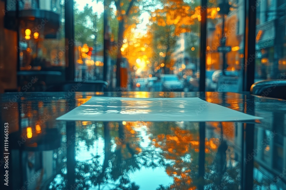 A tranquil caf? scene with reflections and autumn colors outside. A tranquil caf? scene with reflections and autumn colors outside.