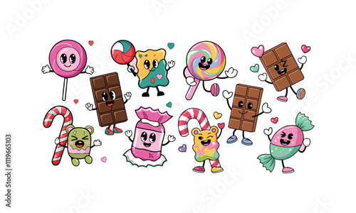 Cute Animated Candy Characters: Lollipop, Chocolate, Gummy Bear, Candy Cane